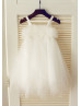 Boho Beach Thin Straps Pearl Ivory Tulle Flower Girl Dress